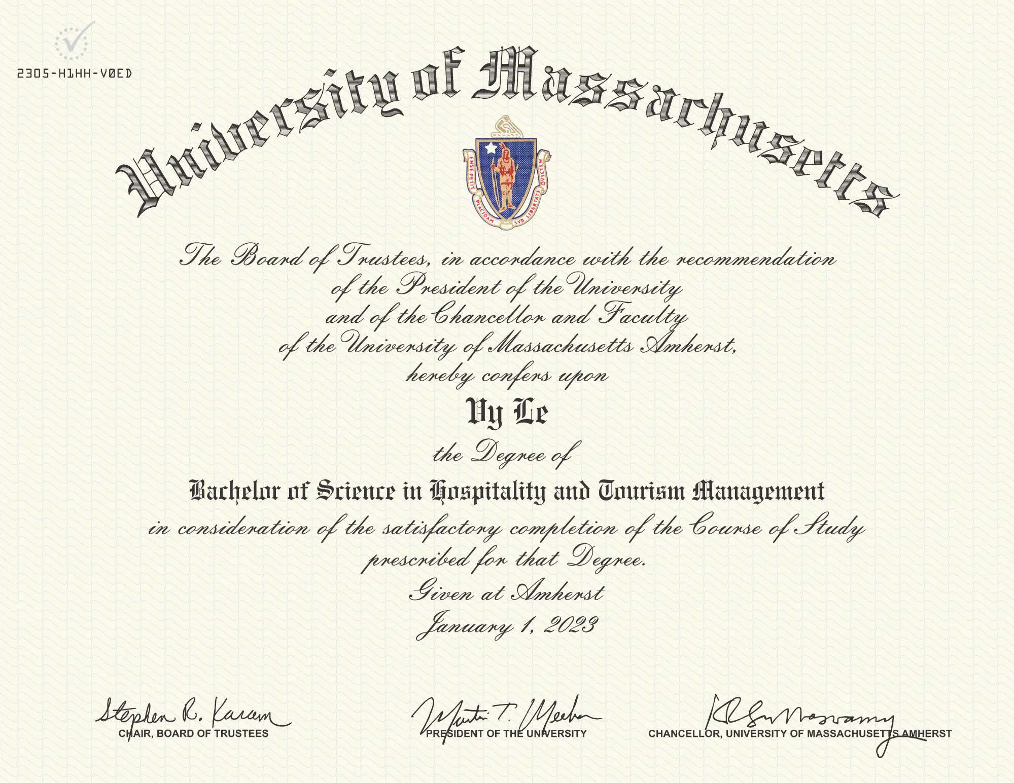 Lê Vy tốt nghiệp Cử nhân Khoa học chuyên ngành Hospitality and Tourism Management tại University of Massachusetts Amherst