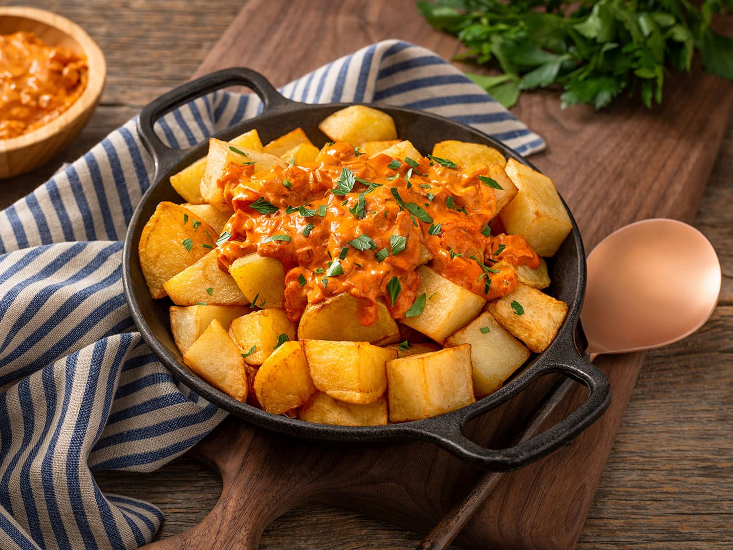 Patatas Bravas là món Tapas quen thuộc với nguyên liệu chính là khoai tây chiên hoặc áp chảo